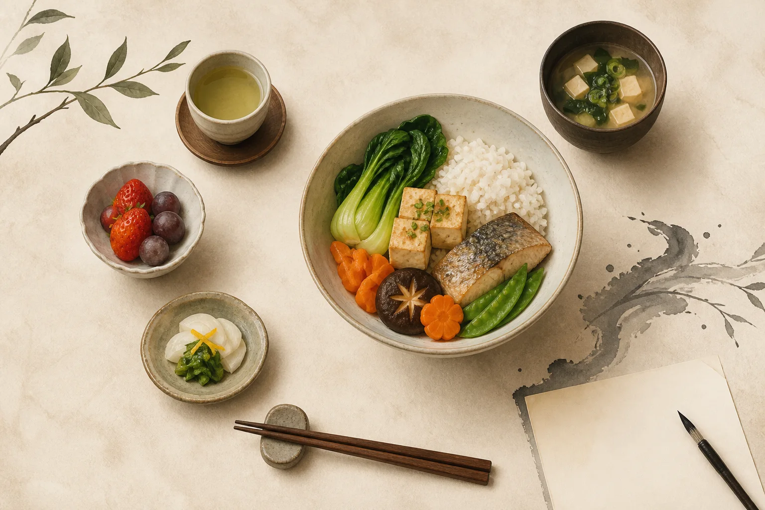 食事管理の基本を表す和食と中華の整った食卓