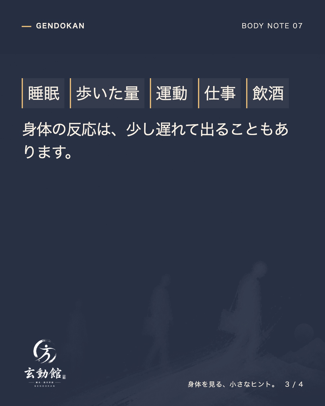睡眠 歩いた量 運動 仕事 飲酒 身体の反応は、少し遅れて出ることもあります。